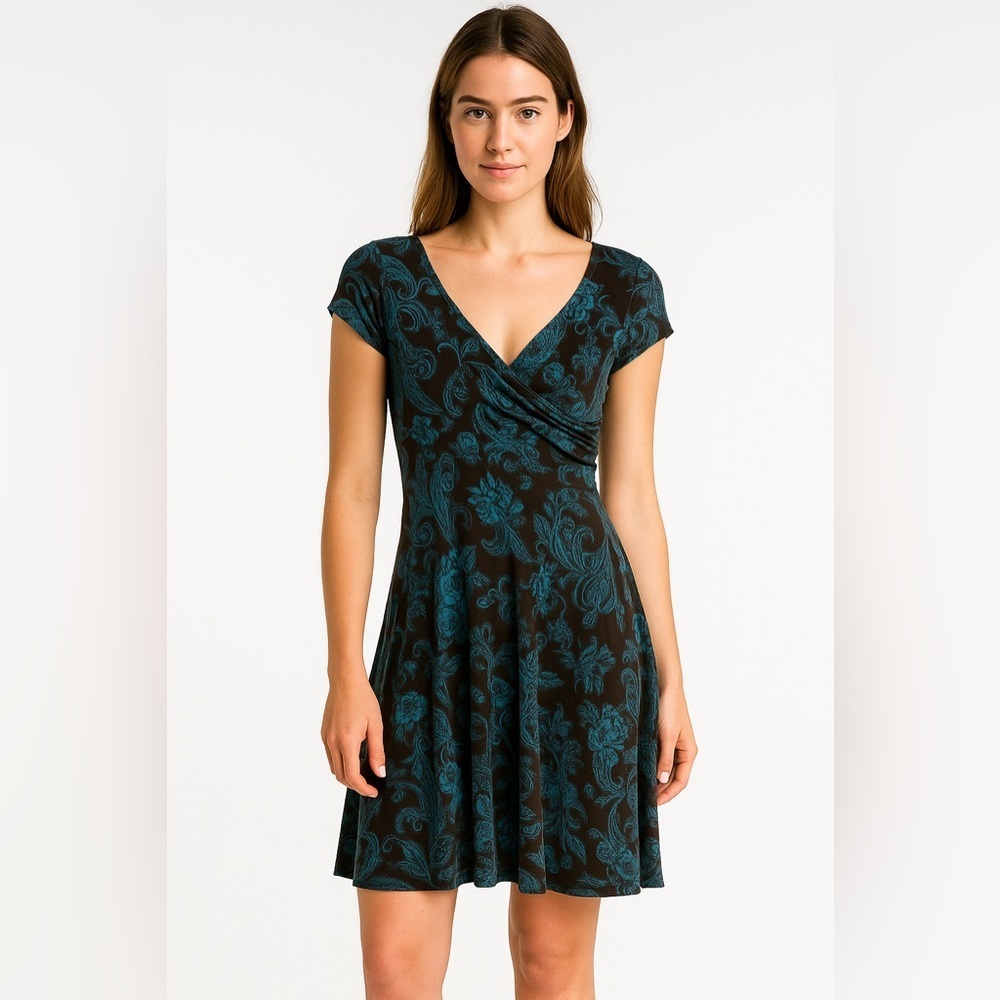 Vintage Karin Stevens Petites Faux Wrap Dress Brown And Blue Knee Length 6P Y2K